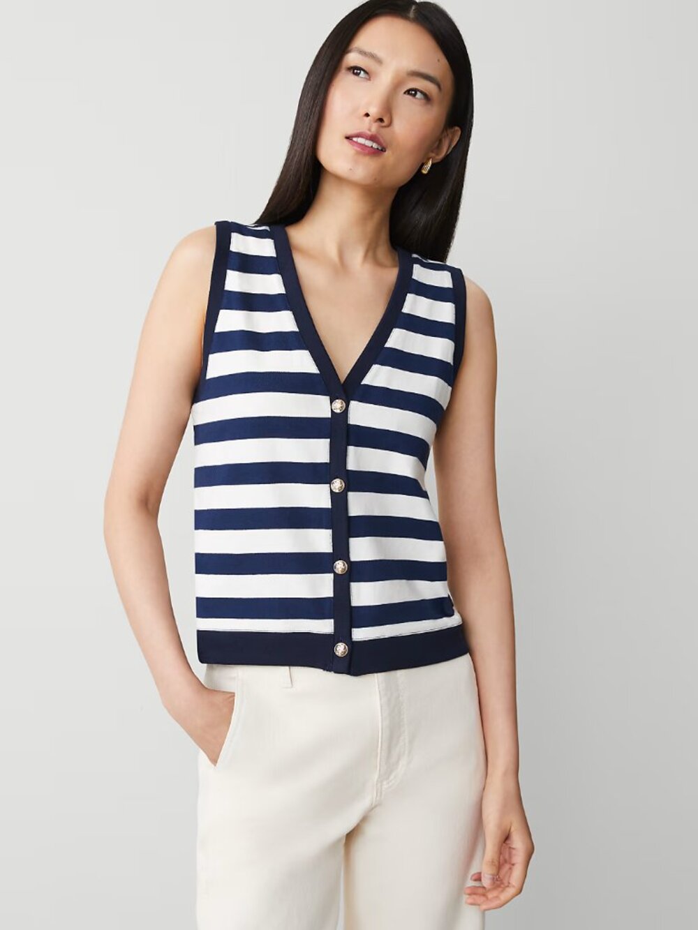 NWT Ann Taylor Striped V Neck Sweater Vest Navy White Size L Cotton